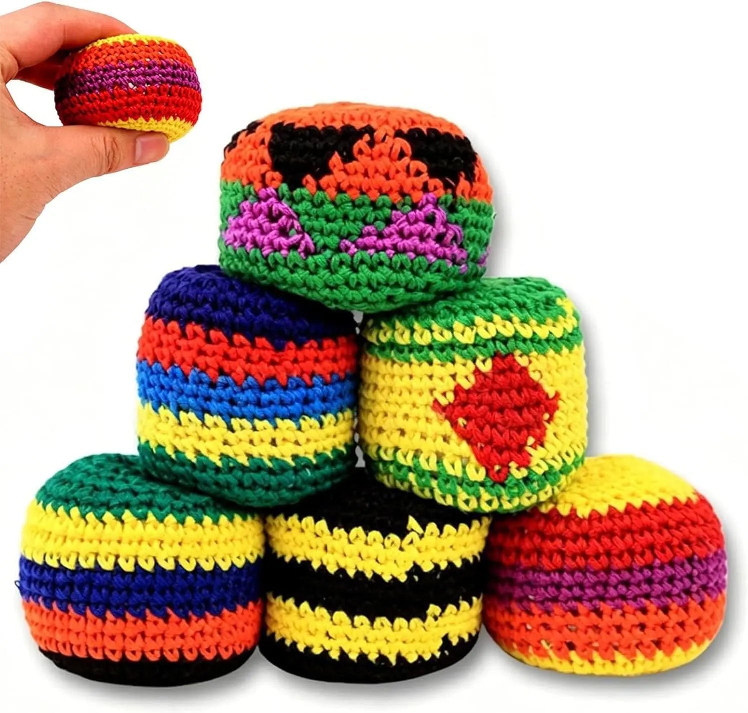 Random 1/6/12 PCS Hand-Made Knitted Hacky Sack, 2026 Upgraded Assorted Foot Bag Crochet Hacky Sacks for Adults, Juggling Balls for Beginners, Multicolored Geometric Pattern, Ready-To-Use Hacky Sacks